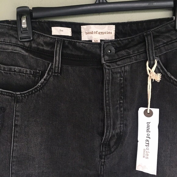 Band of Gypsies Denim Mini Skirt Women’s 32 Button Fly Raw Hem Pockets Y2K Boho - Picture 3 of 11